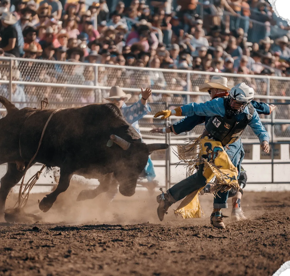 A bullfighter moves in as a black bull charges through the dust.