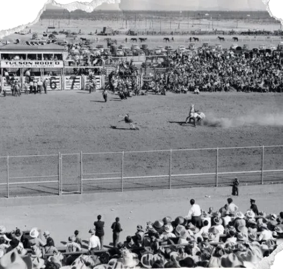 A black-and-white archive photo of the Tucson Rodeo arena, the stands packed with spectators.
